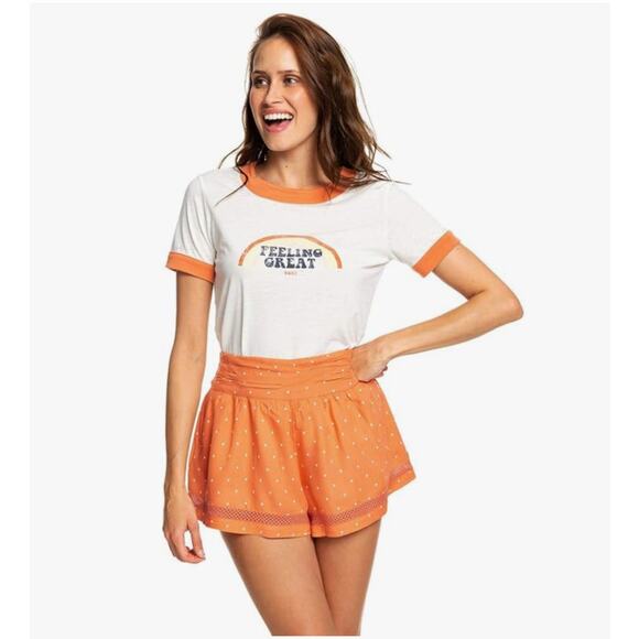 Roxy boho dreams orange polka dot high waisted shorts L - Picture 1 of 6